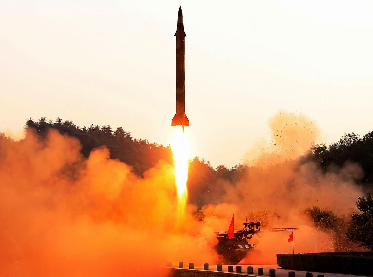 The test fire of a ballistic missile at an undisclosed location in North Korea in an undated photo released by North Korea's official Korean Central News<br/>Agency on May 30.<br/>(STR/AFP/Getty Images)