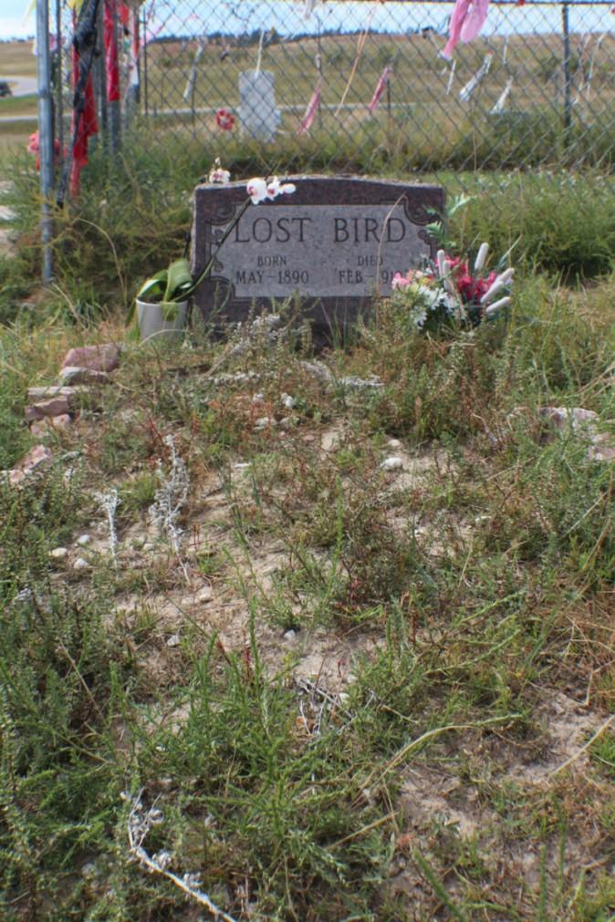The grave of Lost Bird. The infant was the only survivor of the massacre at Wounded Knee. She was transported to California and lived in foster homes. After her death her body was buried in California. It was exhumed and is now buried in the cemetery overlooking the site where her mother and all the members of Big Foot's band were massacred in 1890. (Myriam Moran copyright 2014)