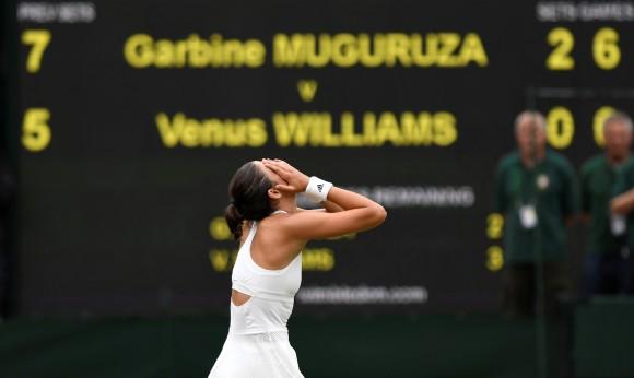 Spain's Garbine Muguruza celebrates winning the final against Venus Williams of the U.S, at Wimbledon in London, July 15, 2017.<br/>(Reuters/Tony O'Brien)