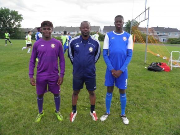 (From L to R): Goalkeeper Joshi Kanane, X-Uvia coach Richard Morris, and striker Sam Ogunremi at Samuel Genest High School in Ottawa on June 27, 2017. (Rahul Vaidyanath/The Epoch Times)