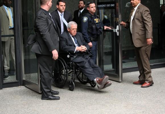 Former House Speaker Dennis Hastert leaves Dirksen Federal Courthouse in a wheelchair after his sentencing on April 27, 2016, in Chicago, Ill. (Photo by Joshua Lott/Getty Images)