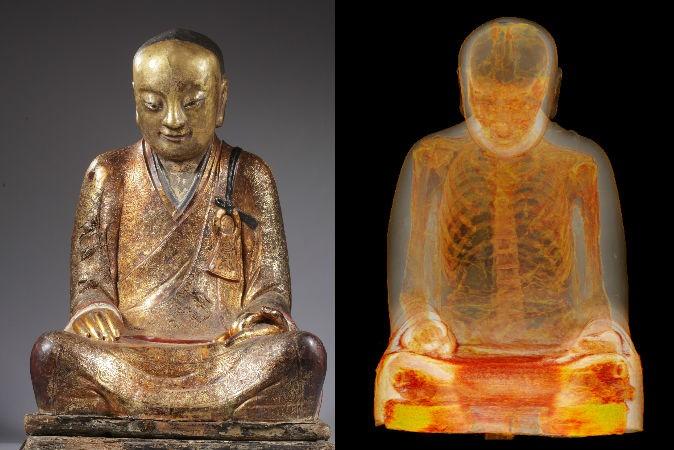 The mummy of Buddhist Master Liuquan, shown inside a Buddha statue via CT scans. (M. Elsevier Stokmans, Courtesy of Drents Museum)