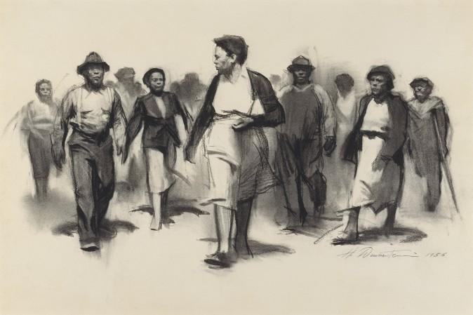 "Walking Together, Montgomery," 1956, by Harvey Dinnerstein. Charcoal on paper, 17 1/4 inches by 25 7/8 inches. (Courtesy of Harvey Dinnerstein)