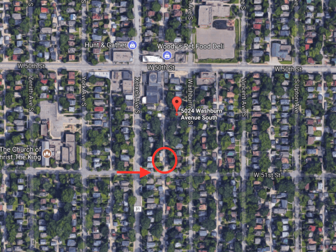 The circle shows the approximate location of where Justine Ruszczyk Damond was shot by a police officer in Minneapolis on July 15, 2017. The arrow shows the direction of approach of a bicyclist who allegedly saw the shooting. (Google Maps)