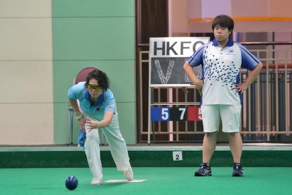 Hong Kong Football Club player Vivian Yip (standing at back) missed the chance to win her second National Indoor Singles title after losing out to Danna Chiu from Tuen Mun Sports Association at the final last Saturday, July 15, 2017. (Mike Worth)