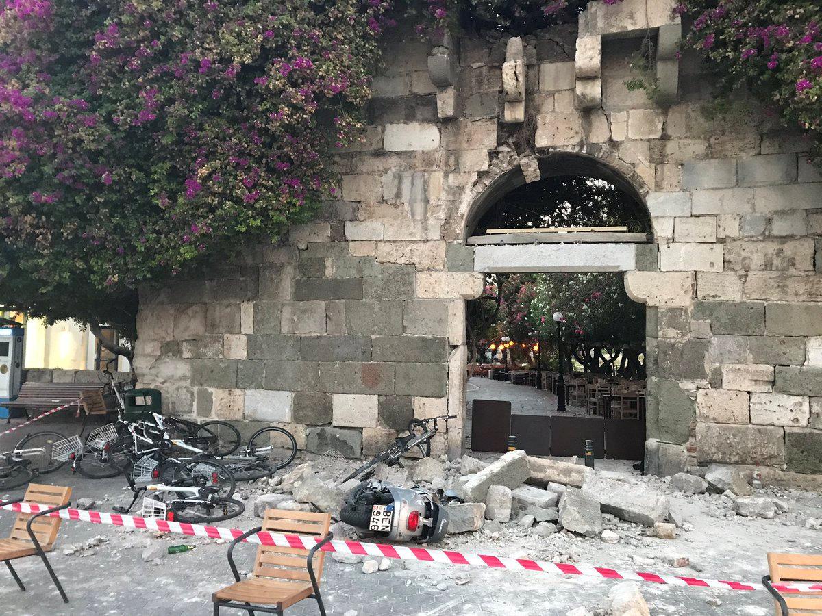 Damage caused by a quake in Kos, Greece, July 21, 2017 is seen in this still photograph uploaded on social media. Osman Turanli/Social Media/Handout via Reuters