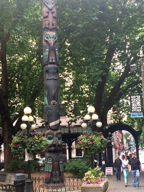 Totem pole at the entrance to Pioneer Square. (Beverly Mann)