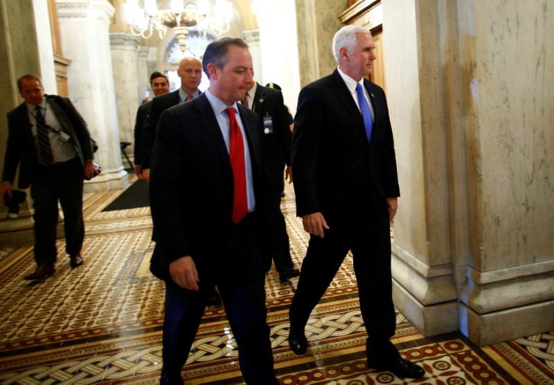 Vice President Mike Pence and White House Chief of Staff Reince Priebus arrive on Capitol Hill in Washington on July 25, 2017. (REUTERS/Eric Thayer)