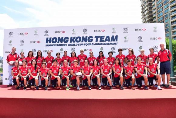 Pieter Schats, Chairman (Back R); Robbie McRobbie, CEO Hong Kong Rugby (Back L); Kim Boreham, Director of Women's Rugby (Back 2nd L) together with the Hong Kong women's squad selected to compete in the Rugby World Championships in Ireland, starting August 9 in Dublin. The final ranking matches will be played in Belfast from August 22 to August 27.<br/>(Bill Cox/Epoch Times)