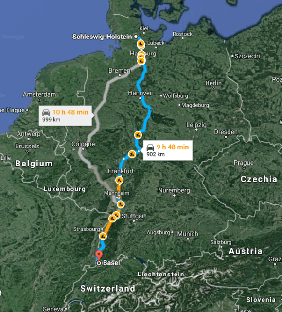 The travel distance and time from Schleswig to Basel. (Screenshot of Google Maps)