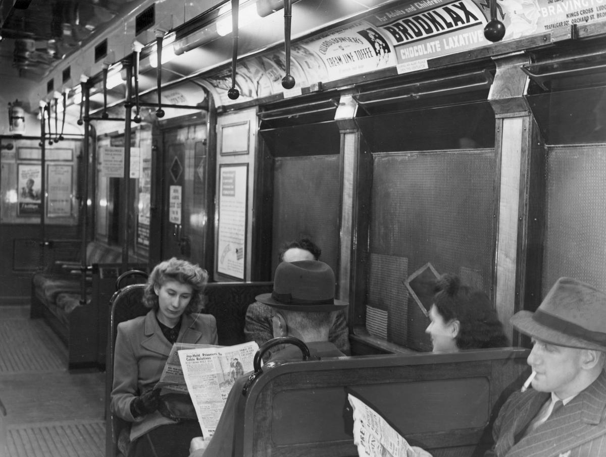 An underground train on the District Line in London, equipped with a new system of lighting on Oct., 13, 1944. (Topical Press Agency/Getty Images)