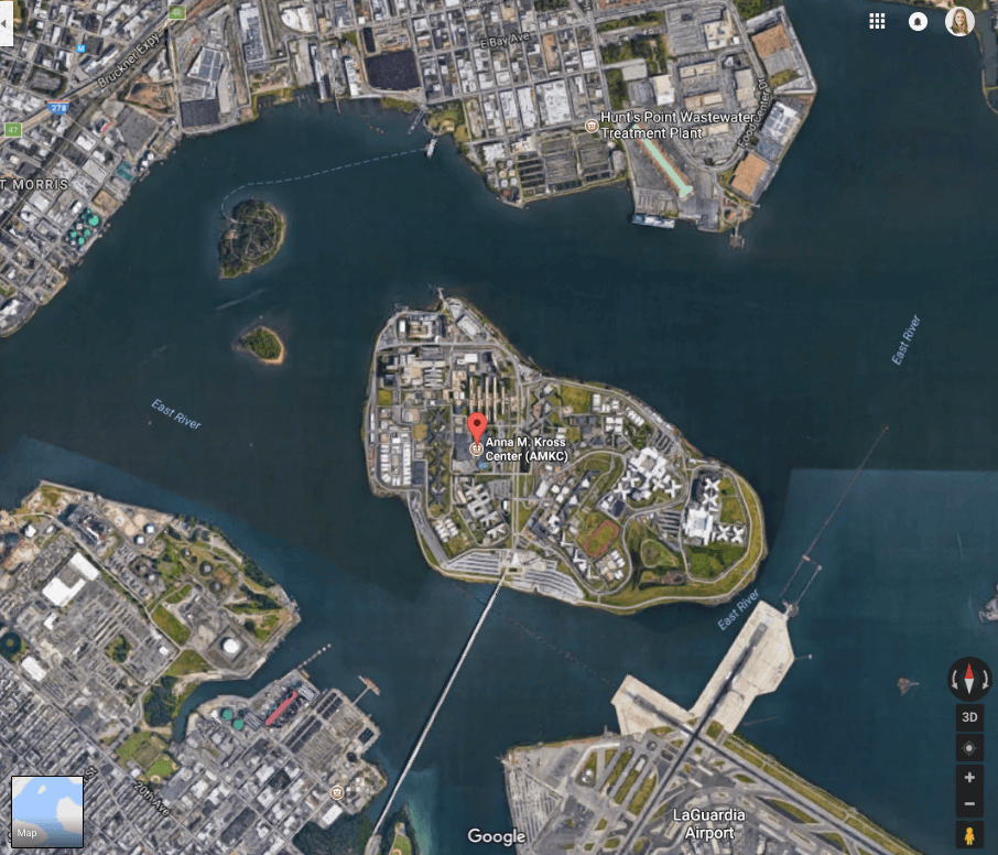 A map of Rikers Island jail with a pin at Anna M. Kross Center Jail. (Screenshot via Google Maps)