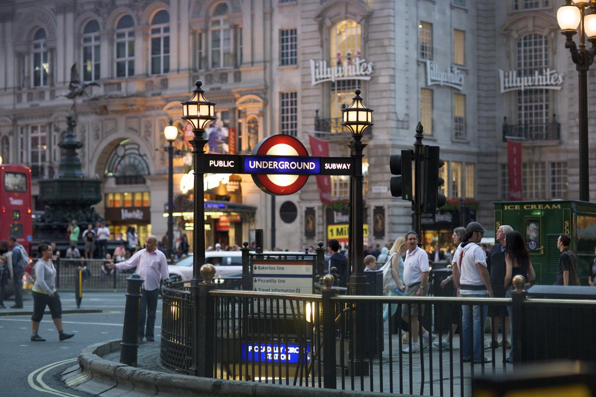 A sign for the London Underground at Piccadilly Circus in this file photo. (Stephen Bures/Shutterstock)
