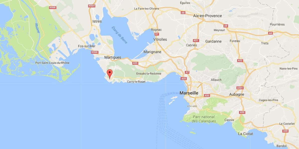 A pin showing Carro, a town west of Marseille.<br/>(Screenshot via Google Maps)