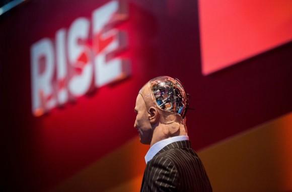"Han the Robot" waits on stage before a discussion about the future of humanity in a demonstration of artificial intelligence by Hanson Robotics at the RISE Technology Conference in Hong Kong on July 12, 2017. (Isaac Lawrence/AFP/Getty Images)