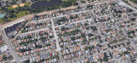 Aerial rendering of area near Springfield Gardens, Queens, New York. (Google Maps)