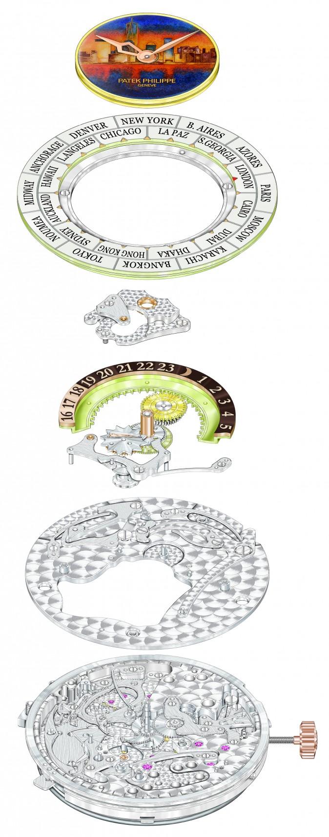 Technical drawing of a Patek Philippe, World Time Minute Repeater. Reference 5531R-011 New York 2017 Special Edition. (Patel Philippe)