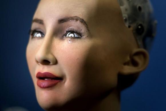 "Sophia" an artificially intelligent (AI) human-like robot on June 7, 2017, in Geneva, Switzerland. (Fabrice Coffrini/AFP/Getty Images)