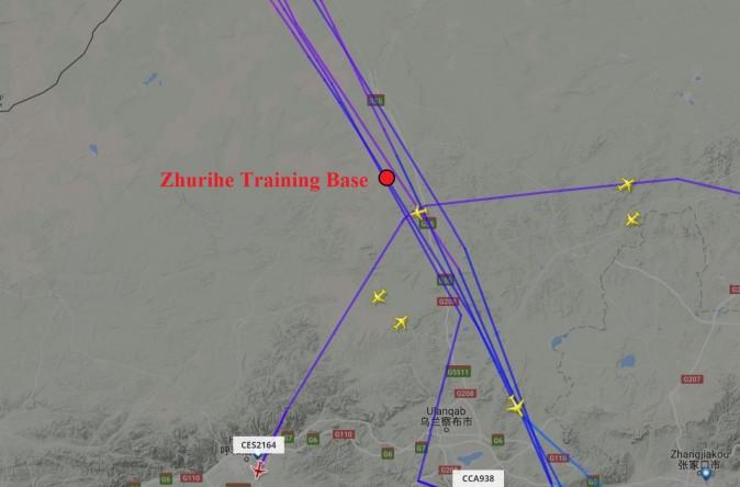 Many commercial airliners were recorded as having flown in the air space above the Zhurihe base where the Chinese regime supposedly held a massive military parade on Sunday morning that was broadcast "live" on state television. (Screenshot from flight tracking website Flightradar24/Epoch Times)