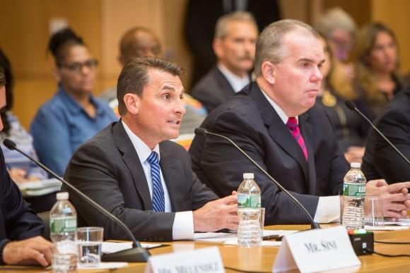 Suffolk County Sheriff Vincent DeMarco (L), and Acting Nassau County Police Commissioner Thomas Krumpter, at a congressional hearing on MS-13 gang violence in Central Islip, Long Island, N.Y., on June 20, 2017. (Benjamin Chasteen/The Epoch Times)