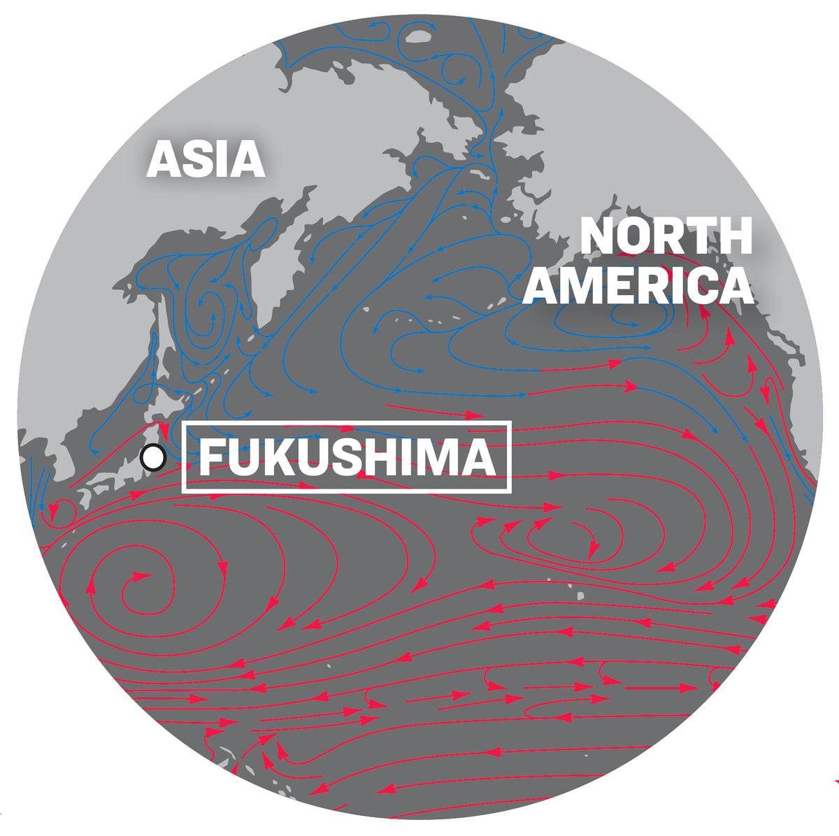 A map showing the location of the Fukushima Daiichi nuclear power plant and water currents in the Pacific Ocean. (SHUTTERSTOCK (BASE MAP); THE EPOCH TIMES (DESIGN))