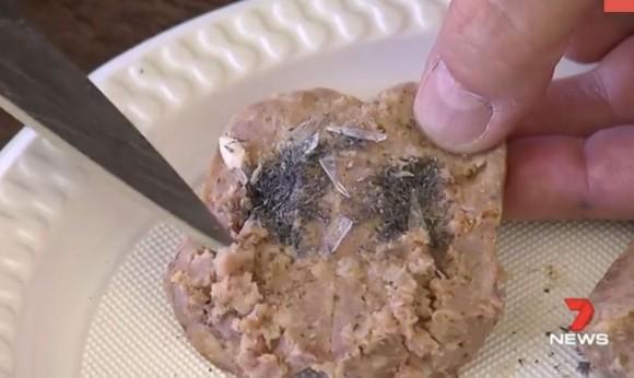 The sausages filled with lead and glass. (Screenshot via 7 Network)