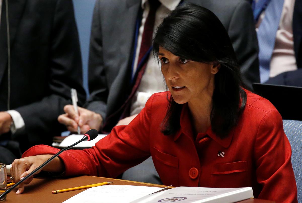 U.S. Ambassador to the United Nations Nikki Haley directs comments to the Russian delegation at the conclusion of a U.N. Security Council meeting to discuss the recent ballistic missile launch by North Korea at U.N. headquarters in New York on July 5, 2017. (REUTERS/Mike Segar)