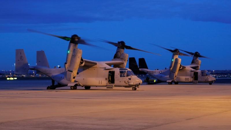 Two U.S. Marines MV-22 Osprey Aircraft sit on the apron of Sydney International Airport in Australia on June 29, 2017. (REUTERS/Jason Reed)