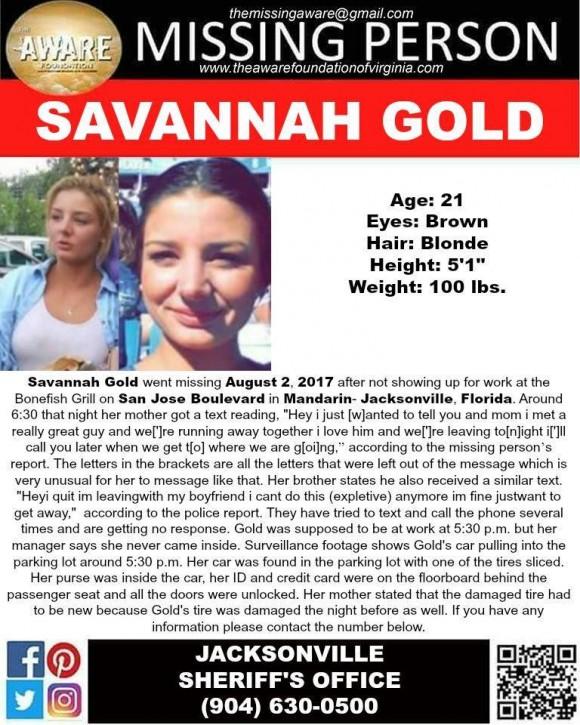 A missing persons poster details the circumstances of Savannah Gold's disappearance. (Aware Foundation)