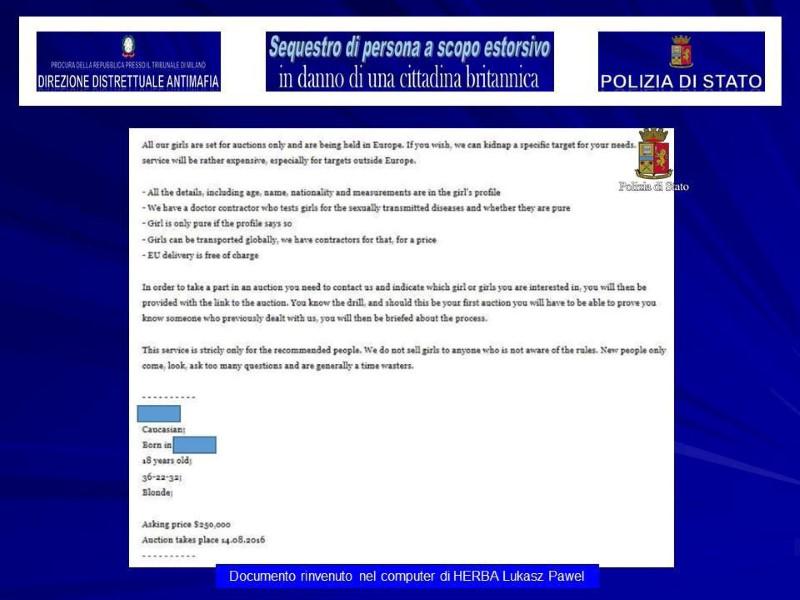 A screenshot of a document on a laptop belonging to Lukasz Pawel Herba, the suspected kidnapper of a British model, shows information on the kidnapping and auctioning of girls, in this August 5, 2017 handout picture provided by the Italian Police in Milan. (Polizia Di Stato/Handout via REUTERS)