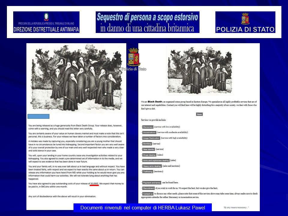 A screenshot of a "Black Death Group" document on a laptop belonging to Lukasz Pawel Herba, the suspected kidnapper of a British model, is seen in this August 5, 2017 handout picture provided by the Italian Police in Milan. (Polizia Di Stato/Handout via REUTERS)
