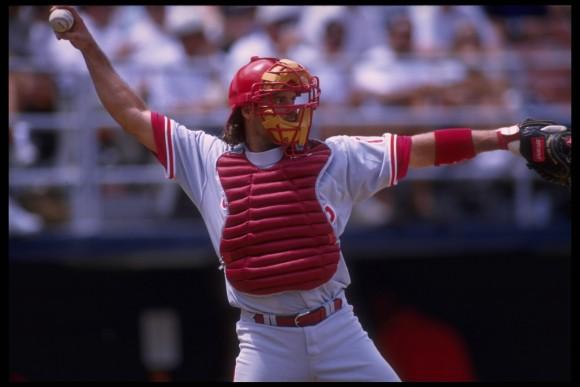 Catcher Darren Daulton of the Philadelphia Phillies throws infield for an out against the San Diego Padres at Jack Murphy Stadium in San Diego, California, June 7, 1995. (Getty Images)