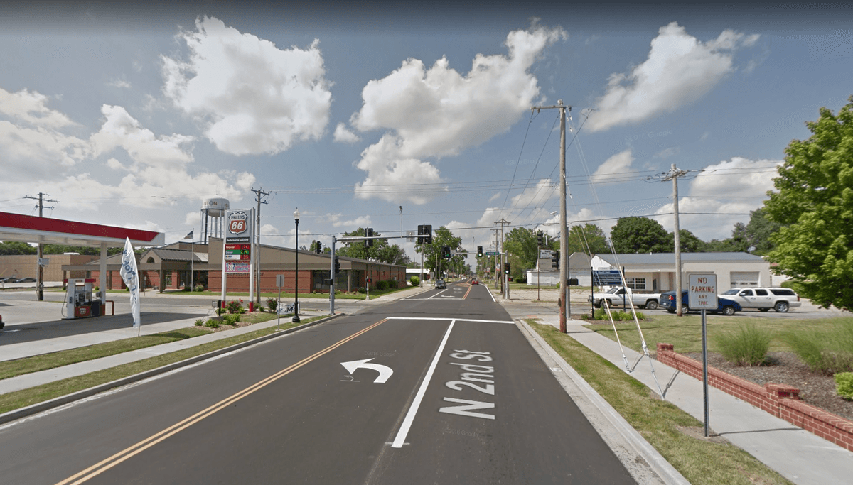 The intersection of East Green Street and North 2nd Street in Clinton, Missouri, was the site of the fatal shooting of a police officer on Aug. 6, 2017. (Google Maps)