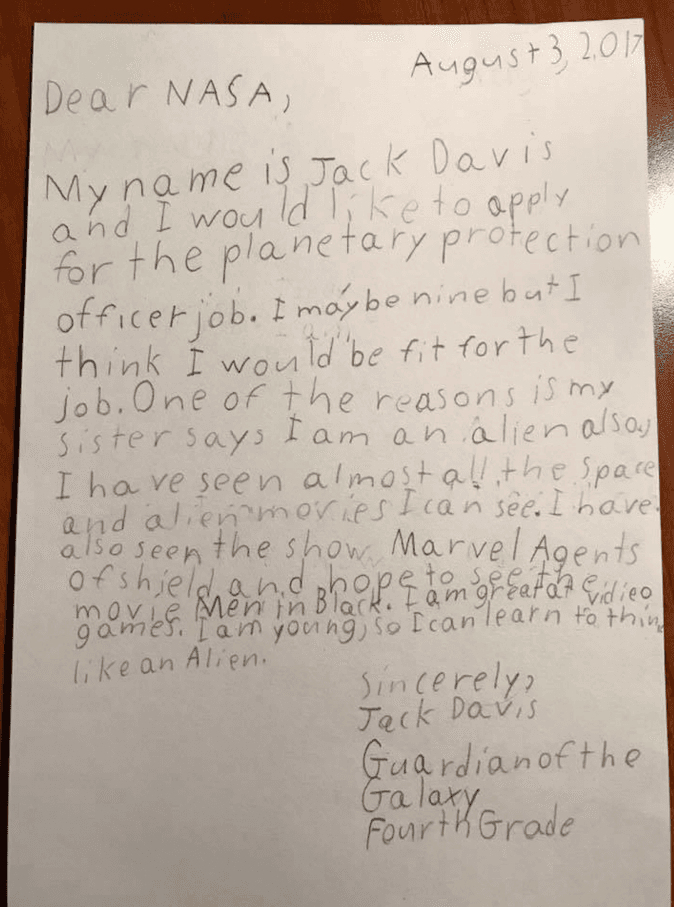 A letter from Jack Davis to NASA. (NASA)