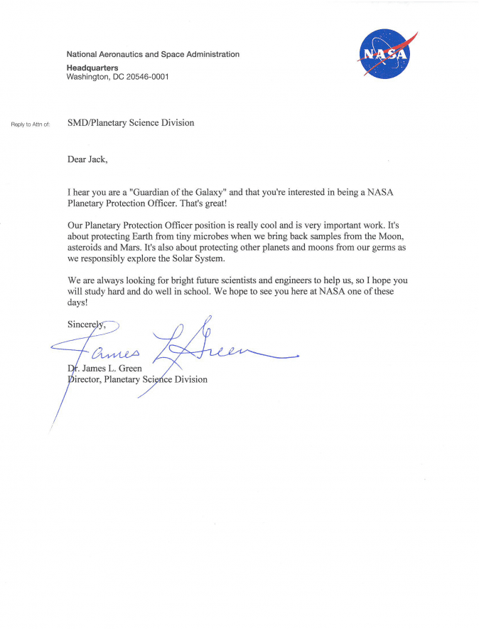 A reply from NASA to Jack Davies letter. (NASA)