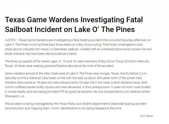 "Preliminary investigations and observations indicate the vessel, a Catamaran sailboat, collided with an overhead transmission power line and those onboard may have been electrocuted as a result," a news release says. (Screenshot)