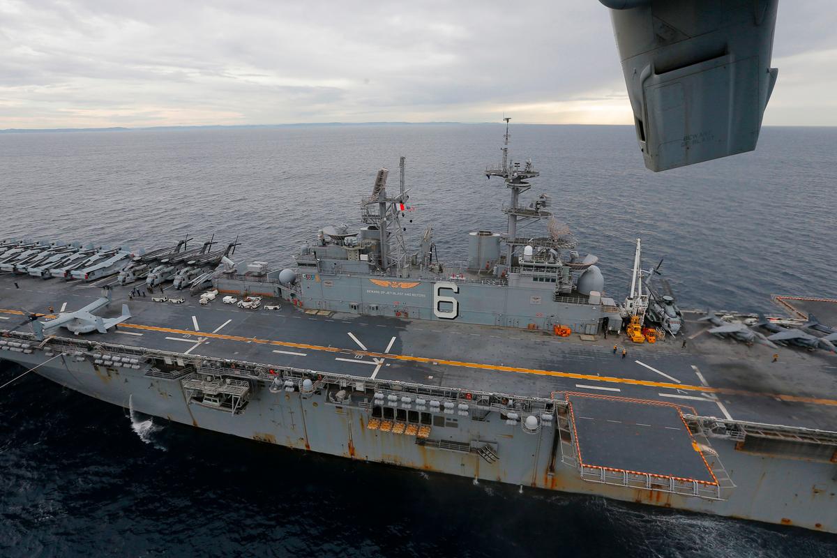 The USS Bonhomme Richard amphibious assault ship in the Pacific Ocean off the coast of Sydney on June 29, 2017, after a ceremony on board the ship marking the start of Talisman Saber 2017, a biennial joint military exercise between the United States and Australia. (JASON REED/AFP/Getty Images)