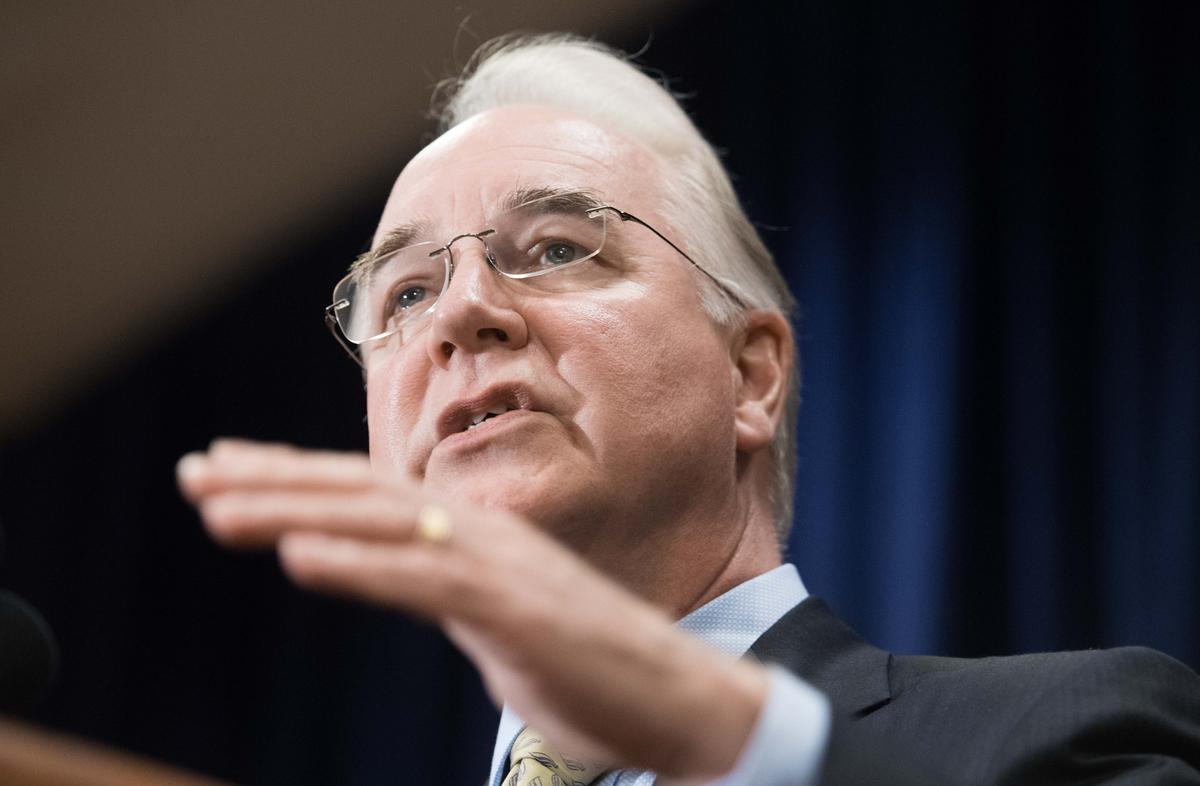Health and Human Services Secretary Tom Price speaks to the press after President Donald Trump held a meeting with administration officials in Bridgewater, New Jersey, on Aug. 8, 2017, on the opioid addiction crisis in the US. (NICHOLAS KAMM/AFP/Getty Images)