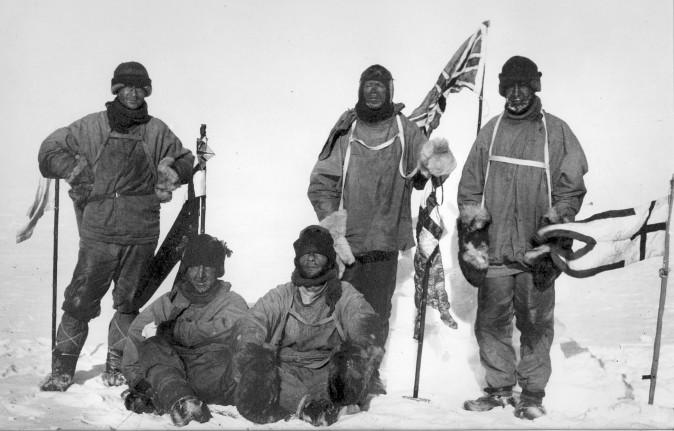 Last expedition of Robert Falcon Scott. The image shows Wilson, Scott and Oates (standing); and Bowers and Evans (sitting) on Jan 18, 1912. (Henry Bowers, Public domain via Wikimedia Commons)