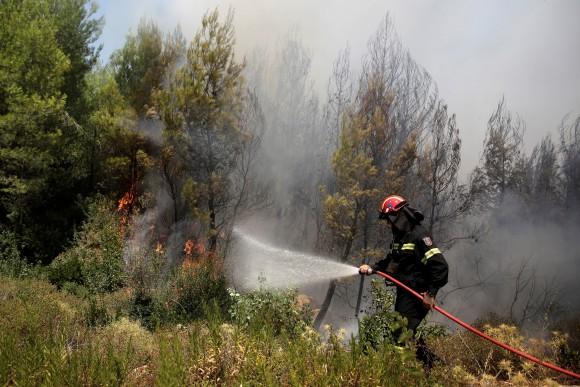 A firefighter tries to extinguish a wildfire burning near the village of Kalamos, north of Athens, Greece, August 14, 2017. (Reuters/Costas Baltas)