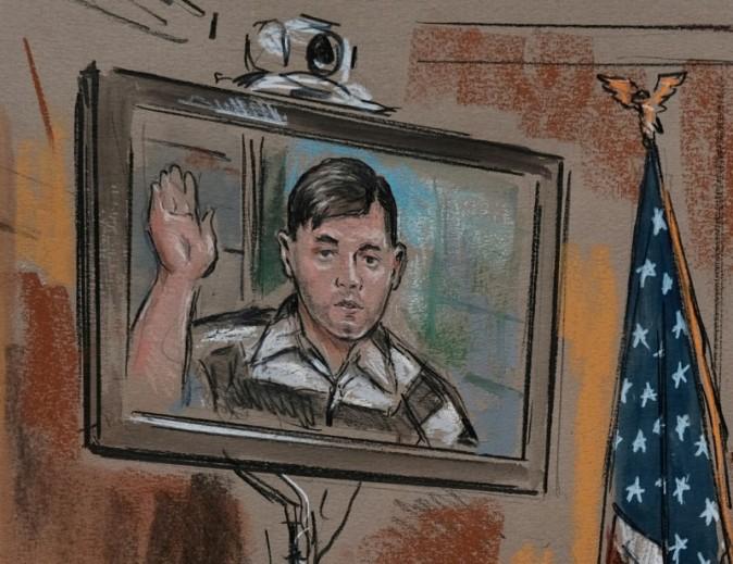 James Alex Fields Jr. is seen via video link from jail as he appears before Judge Robert Downer in an artist's rendering of his bail hearing at the Charlottesville City Court in Charlottesville, Virginia, August 14, 2017. (REUTERS/William Hennessy Jr.)