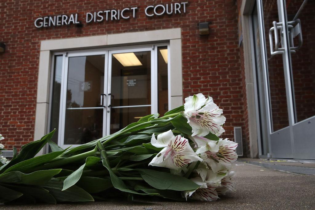 Flowers are left outside the Charlottesville General District Court before a scheduled appearance via video link for James Alex Fields Jr. August 14, 2017 in Charlottesville, Virginia. (Win McNamee/Getty Images)