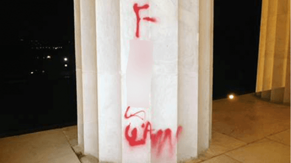 Vandal's graffiti on the Lincoln National Memorial on Tuesday, Aug. 15, 2017. (National Park Service)