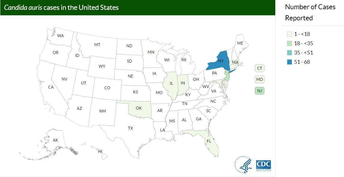 There are only 98 reported cases of Candida auris in the United States as of July 14, 2017 .(Screenshot via CDC: <em>Candida auris</em>)