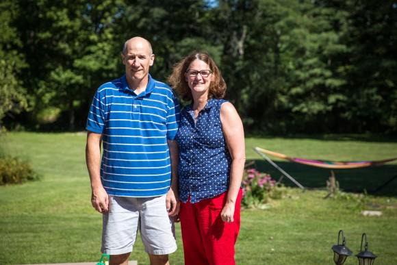 Kim Murphy, 55, and her husband, Dave, outside their daughter's home in Plain City, Ohio, on July 29. Kim is a nurse practitioner and Dave has worked for Honda for 36 years. (Benjamin Chasteen/The Epoch Times)