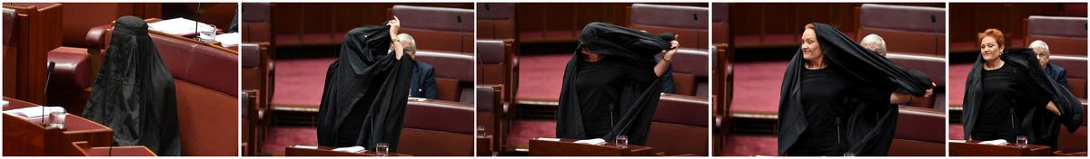 A combination photo shows Australian One Nation party leader, Senator Pauline Hanson wearing a burqa and taking it off in the Senate chamber at Parliament House in Canberra, Australia, August 17, 2017. (AAP/Mick Tsikas/via REUTERS)