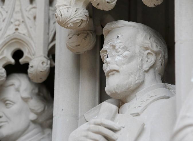 A statue on the portal of Duke University Chapel bearing the likeness of Confederate General Robert E. Lee was vandalized on early August 17, 2017 in Durham, North Carolina.  (Sara D. Davis/Getty Images)