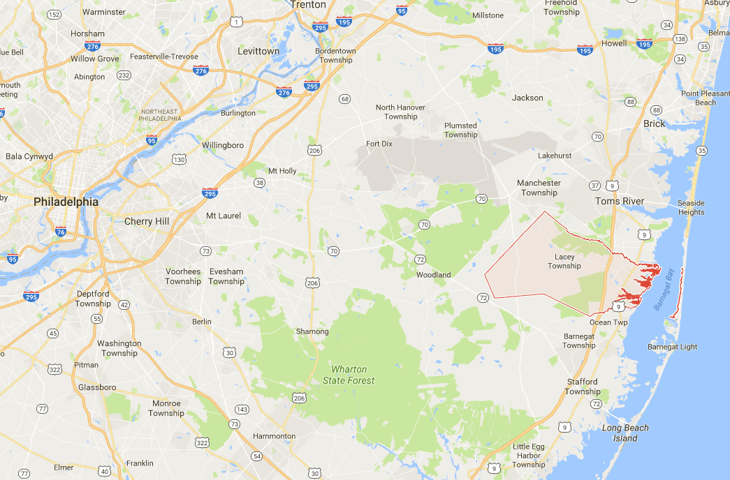 Lacey Township is about 30 miles east of Philadelphia. (Google Maps)