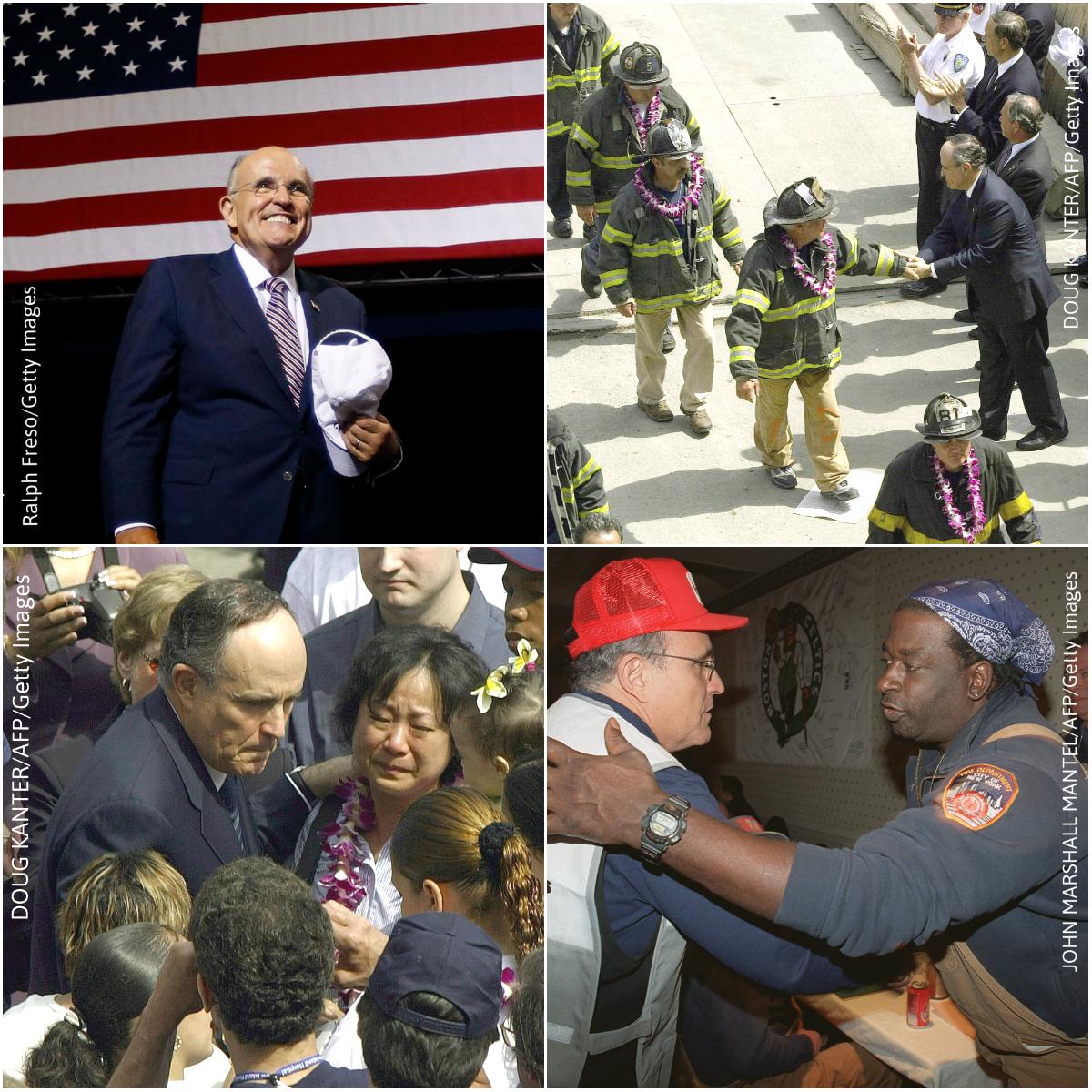 Rudy Giuliani arrives at a campaign rally for then-Republican presidential candidate Donald Trump on Aug. 31, 2016, in Phoenix, Arizona (Top Left), and as New York City's Mayor, greeting New Yorkers and emergency service personnel near the site of the World Trade Center disaster in 2001. (Getty Images)