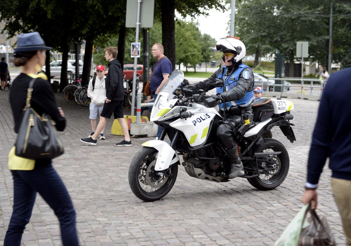 Finnish police patrols on motorbike after stabbings in Turku, in Central Helsinki, Finland on Aug. 18, 2017. (LEHTIKUVA/Linda Manner via REUTERS)